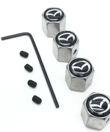 Mazda Set of 4 Chrome Anti-Theft Car Tyre Air Dust Valve Stem Cap With Allen Key