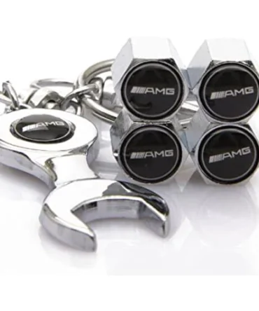 Set Of 4 Chrome Anti-Theft Car Tyre Air Dust Valve Stem Cap With Keyring Spanner For Mercedes AMG