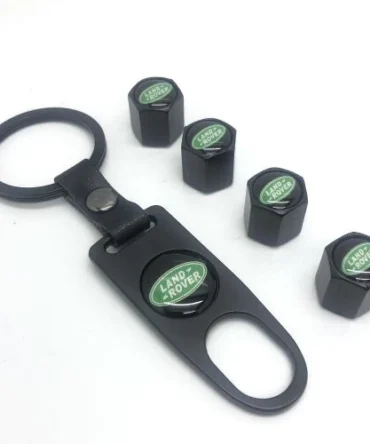 Land Rover Set of 4 Green / Black Car Tyre Air Dust Valve Stem Cap With Keyring Locking Tool