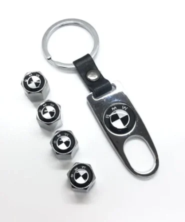 BMW Black Set of 4 Chrome Tire Car Tyre Air Dust Set of 4 Valve Stem Cap With Keyring Locking Tool