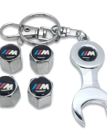 Set Of 4 Chrome Anti-Theft Car Tyre Air Dust Valve Stem Cap With Keyring Spanner For BMW M Sport