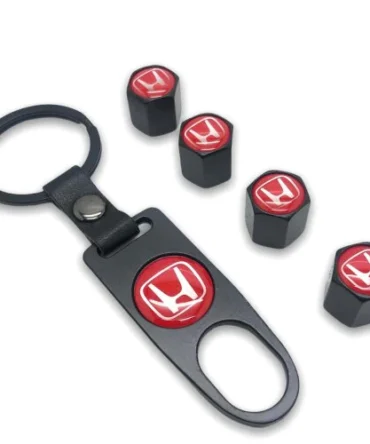 Honda Set of 4 Red / Black Car Tyre Air Dust Valve Stem Cap With Keyring Locking Tool